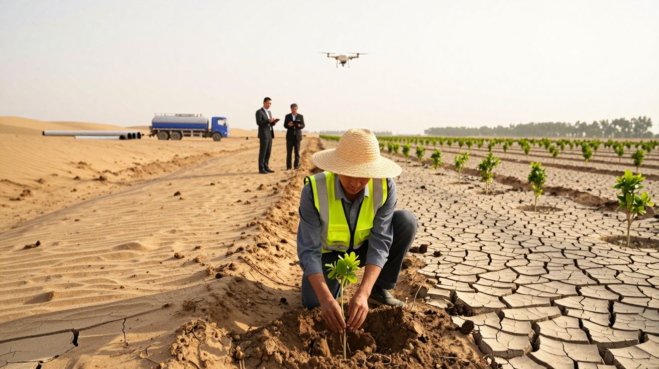 Agricultor a plantar muda num solo árido, com drone e dois homens em fatos ao fundo.