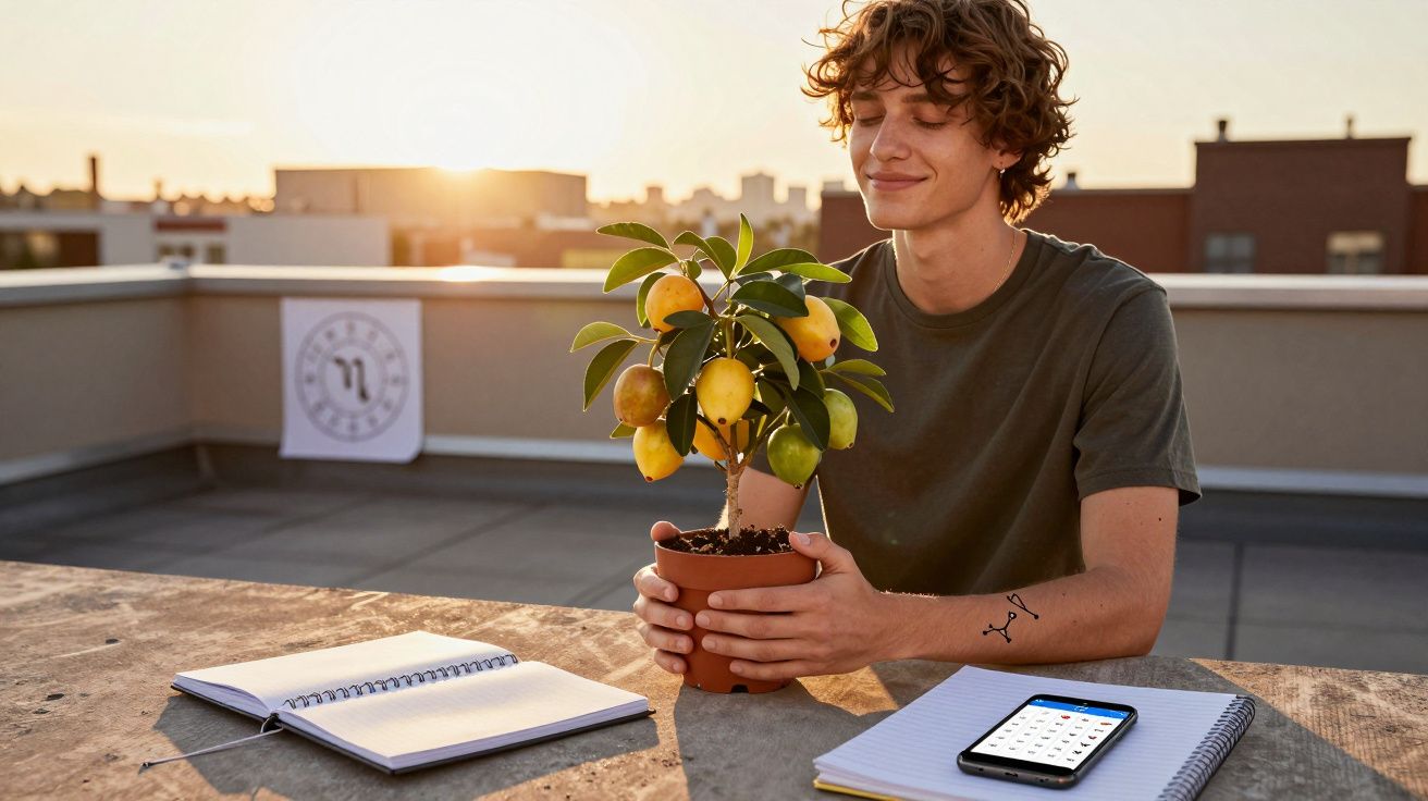 Jovem sorridente a segurar vaso com limoeiros num terraço, com caderno e telemóvel numa mesa de madeira.