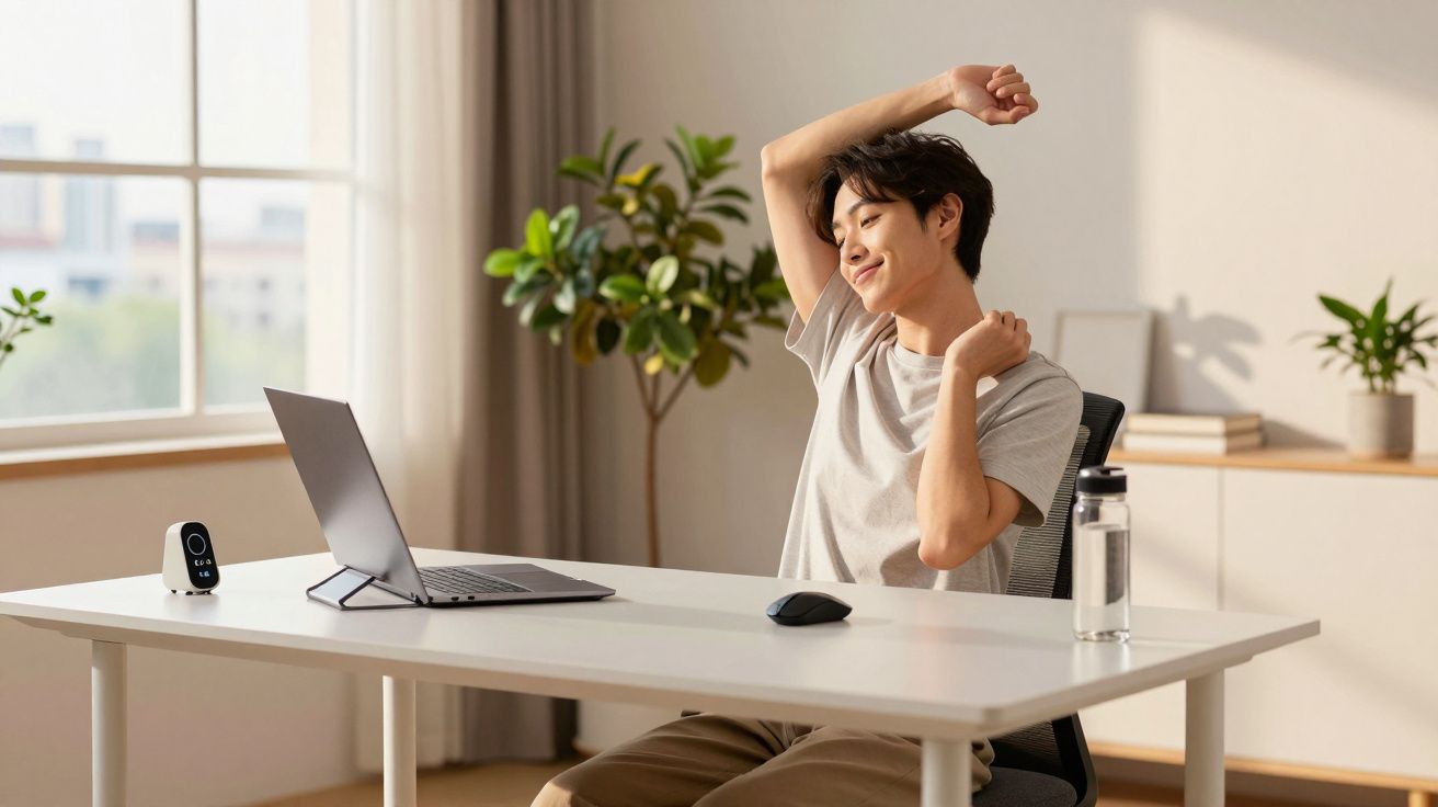 Jovem a esticar os braços sentado numa cadeira junto a uma secretária com computador portátil e garrafa de água.