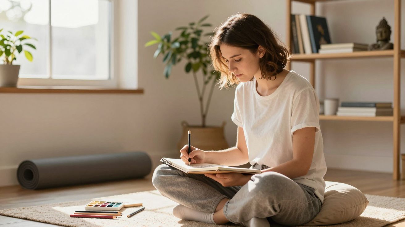 Mulher jovem sentada no chão a desenhar num caderno, com materiais de pintura e plantas ao redor.