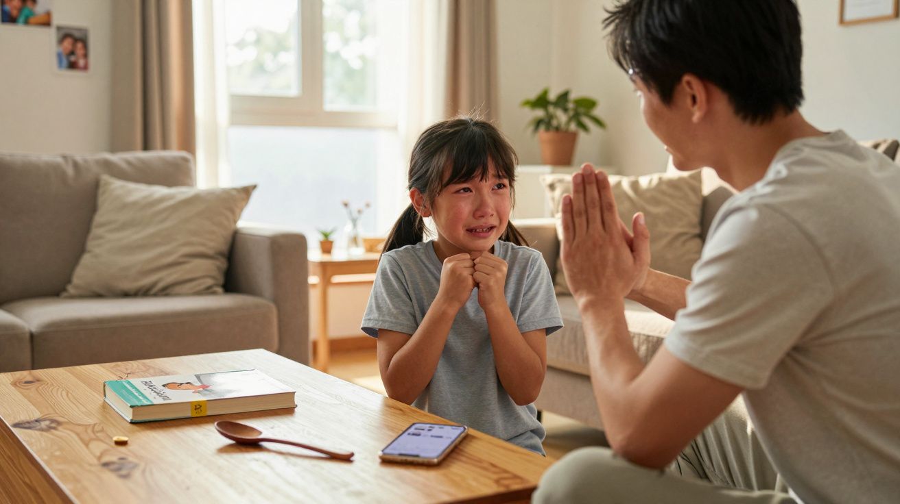 Criança chorando conversa com adulto que tenta acalmá-la numa sala de estar iluminada.