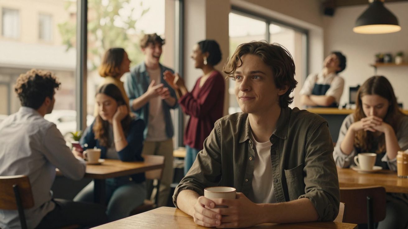 Jovem sentado a uma mesa num café, segurando uma chávena, com outras pessoas ao fundo a conversar e relaxar.