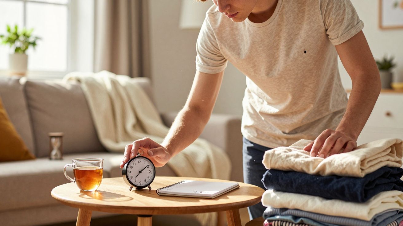 Pessoa a pôr relógio despertador numa mesa com chá, tablet e roupa dobrada numa sala iluminada.