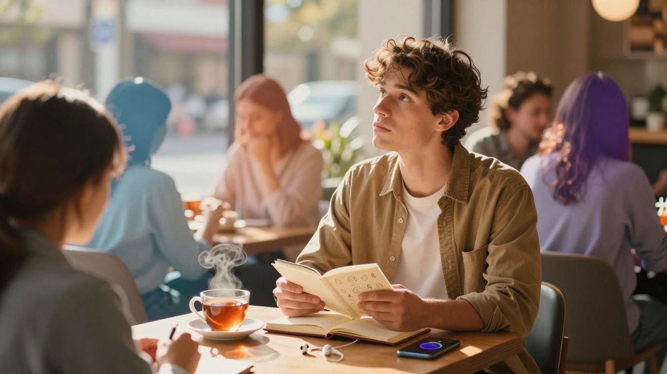 Jovem sentado num café com livro na mão, olhando pensativo, com chá fumegante à frente.