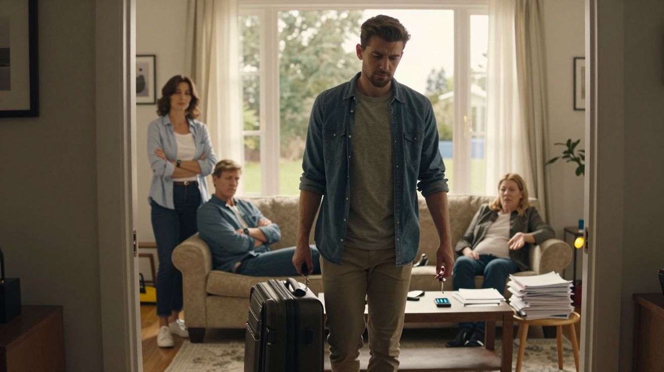 Homem com mala a sair de sala onde três pessoas observam sentadas e em pé com expressões sérias.