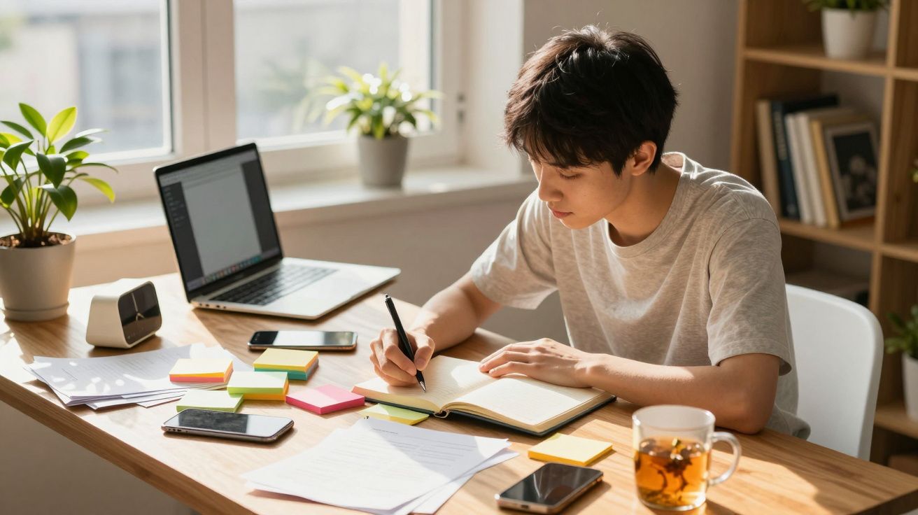 Jovem sentado à mesa escrevendo num caderno, com laptop aberto, telemóveis, papéis e chá numa sala iluminada.