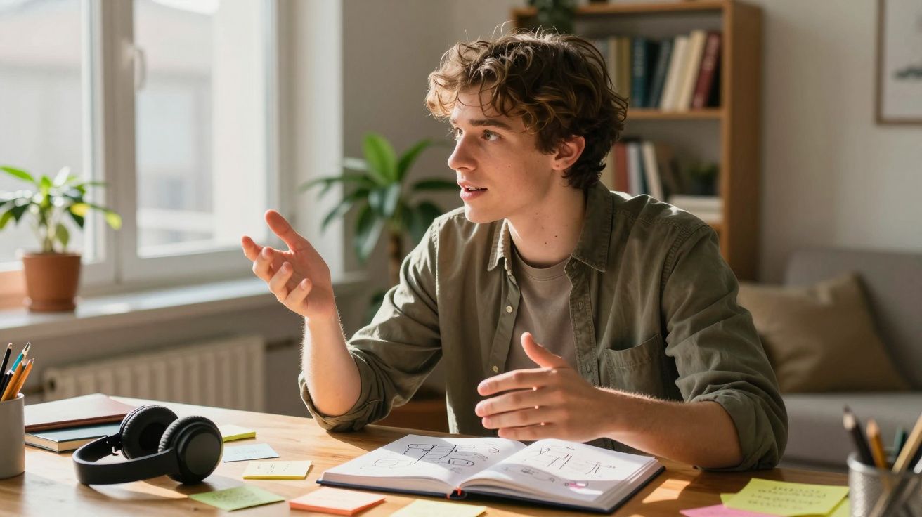 Jovem sentado à mesa, gesticulando enquanto estuda com livros e notas num ambiente iluminado e organizado.