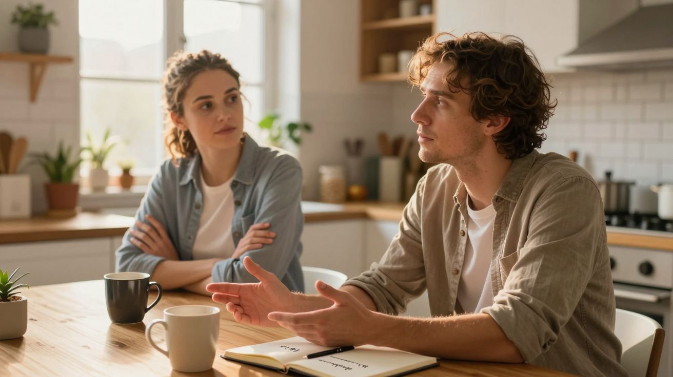 Homem e mulher sentados à mesa da cozinha a discutir com expressão séria e cadernos no centro.