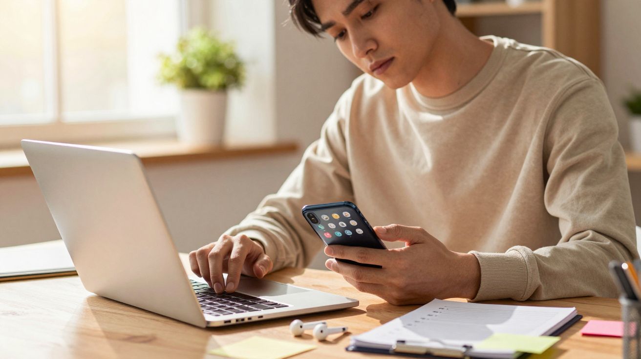 Jovem a trabalhar num portátil e a consultar o telemóvel numa mesa com documentos e auscultadores.