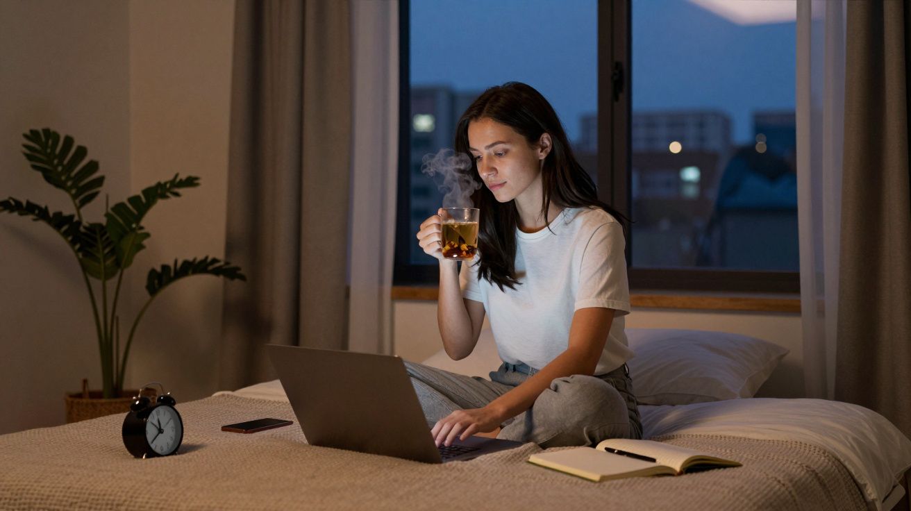 Mulher sentada na cama à noite a trabalhar no portátil enquanto bebe chá quente.