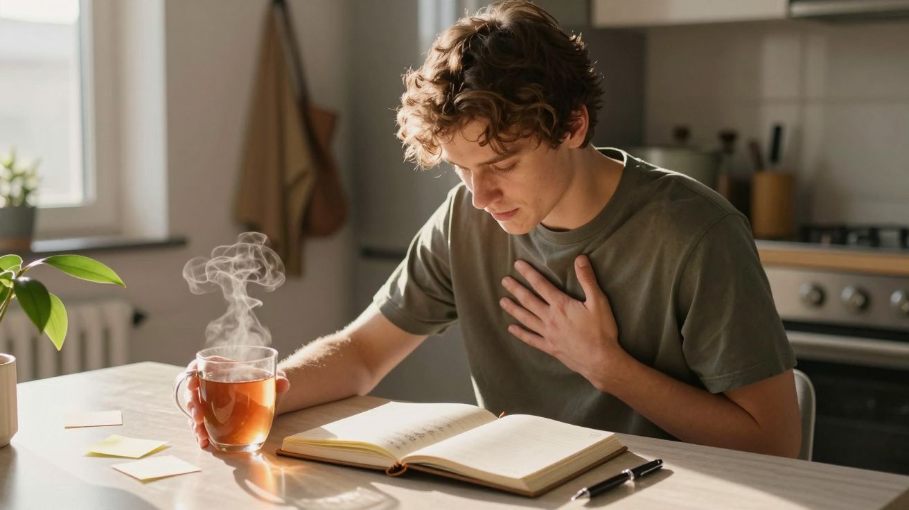 Jovem sentado à mesa com chá quente, a ler e a segurar o peito num gesto de desconforto.