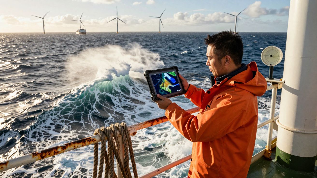 Homem com impermeável laranja observa monitor náutico num barco, com turbinas eólicas no mar agitado ao fundo.
