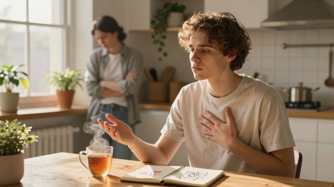Jovem com expressão preocupada a segurar o peito na cozinha, mulher ao fundo olhando para baixo.