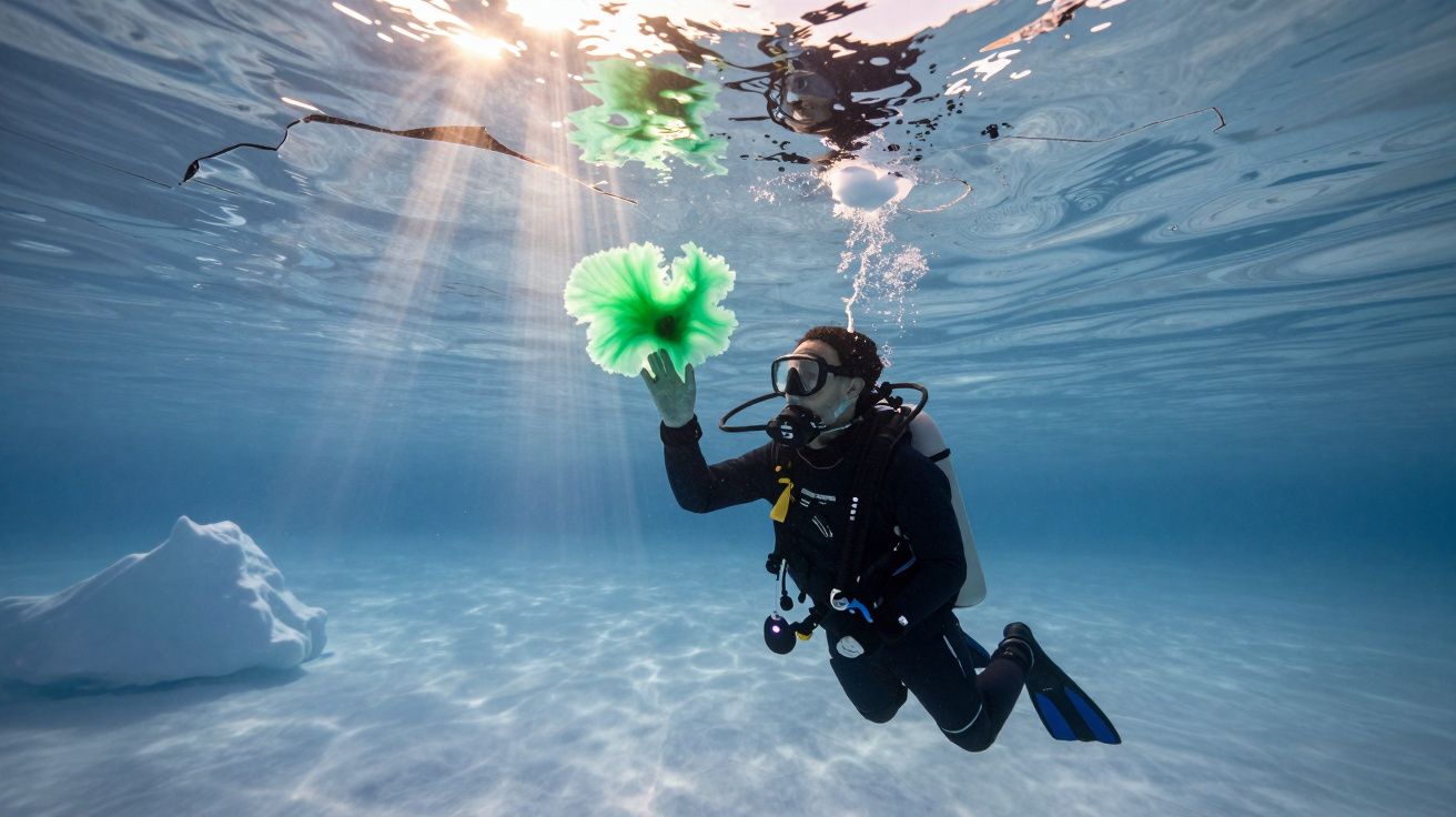Mergulhador subaquático a tocar uma planta verde luminosa, com luz solar a penetrar na água cristalina.