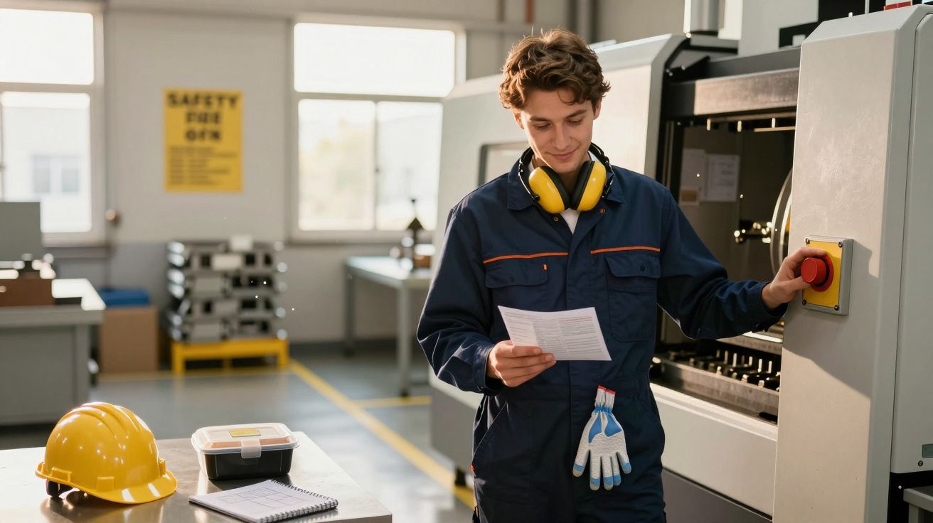 Homem com equipamento de proteção a ler instruções junto a máquina industrial numa fábrica.