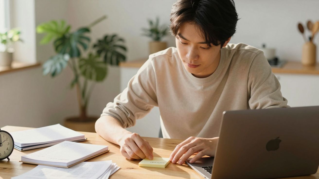 Jovem a estudar numa mesa com computador portátil, notas e plantas ao fundo numa sala iluminada pela luz natural.
