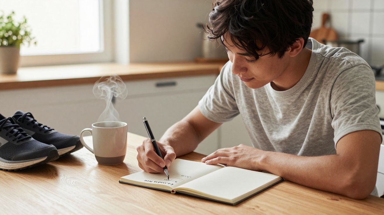 Pessoa a escrever num caderno numa mesa com um par de sapatilhas e uma chávena de café a fumegar ao lado.