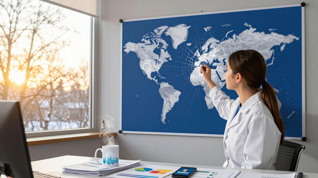 Mulher de bata branca marca local num mapa mundial azul numa sala com secretária e janela ao pôr do sol.