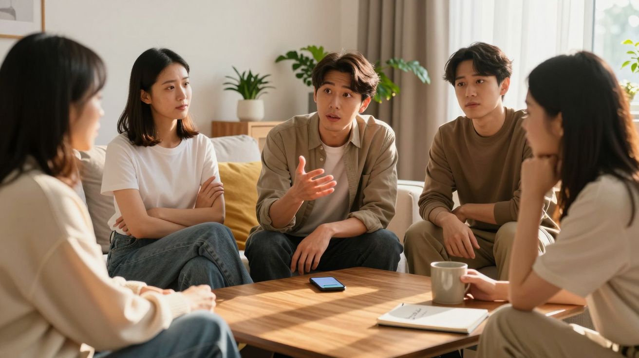 Grupo de jovens sentados em círculo numa sala, a participar numa conversa séria e atenta.