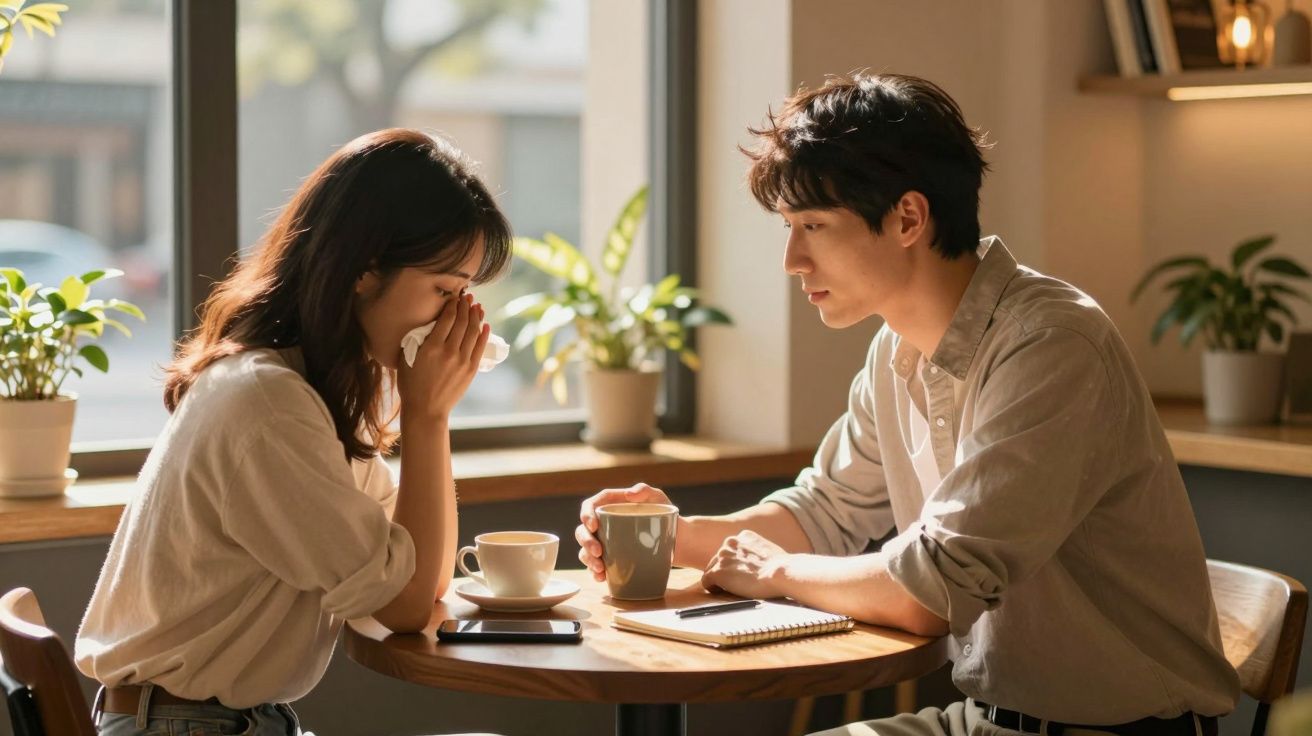 Homem conforta mulher triste que chora numa mesa de café com plantas na janela ao fundo.