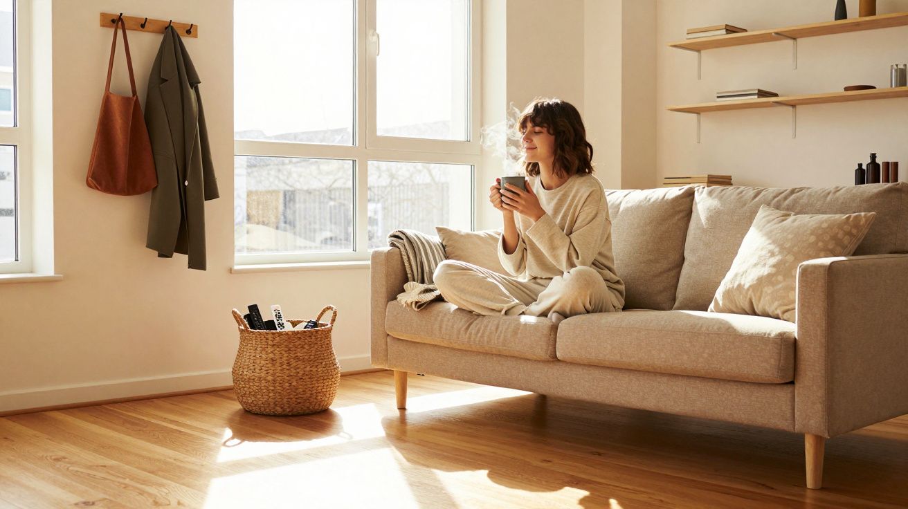 Mulher sentada no sofá a beber chá numa sala luminosa e acolhedora com decoração minimalista.