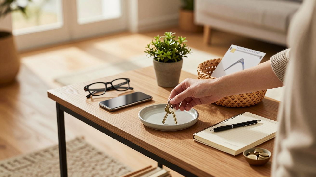 Mesa com plantas, telemóvel, óculos, bloco de notas e mão a pousar chaves num prato branco.