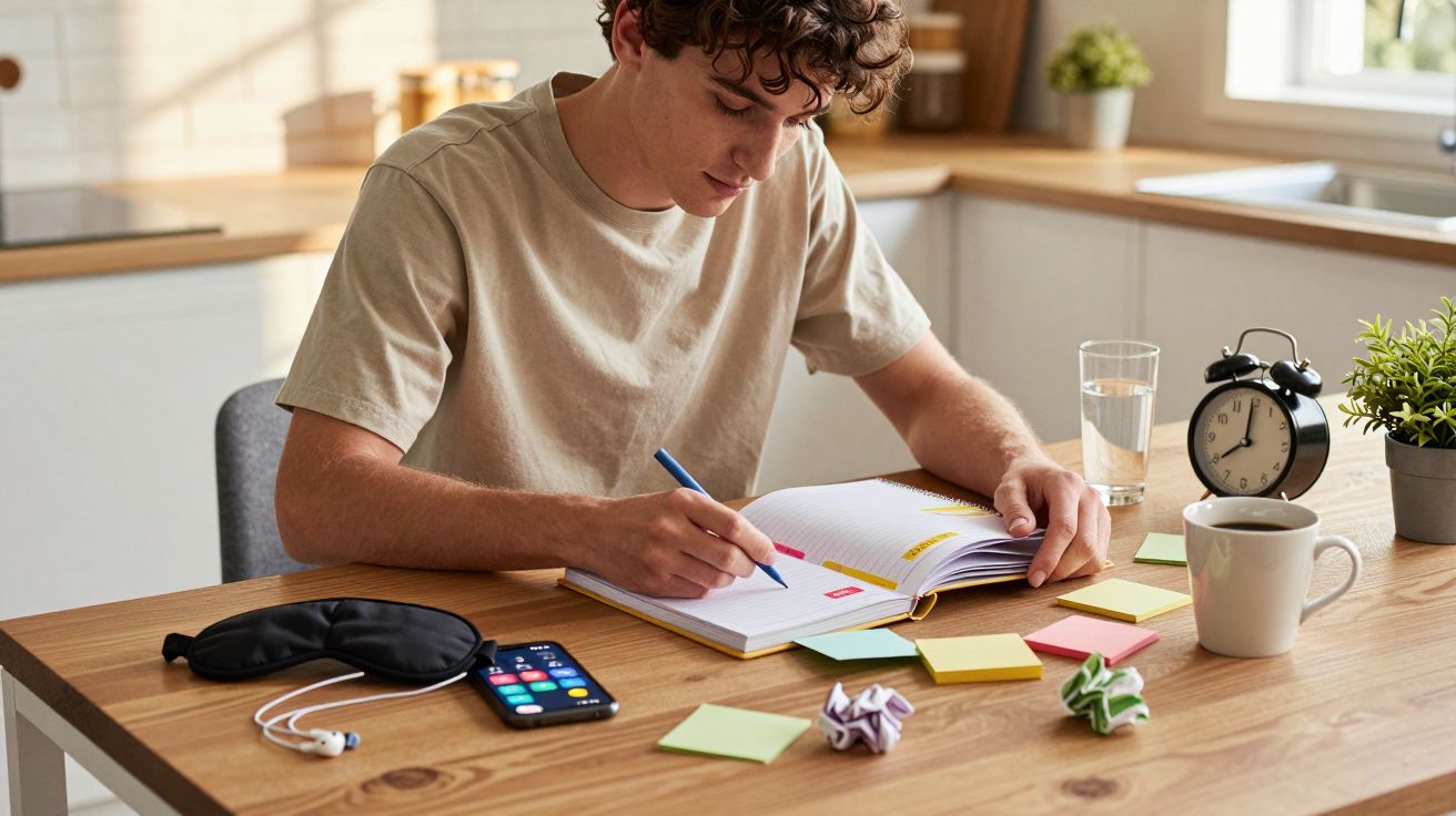 Jovem sentado a estudar num ambiente iluminado, com caderno, smartphone, e vários post-its na mesa.