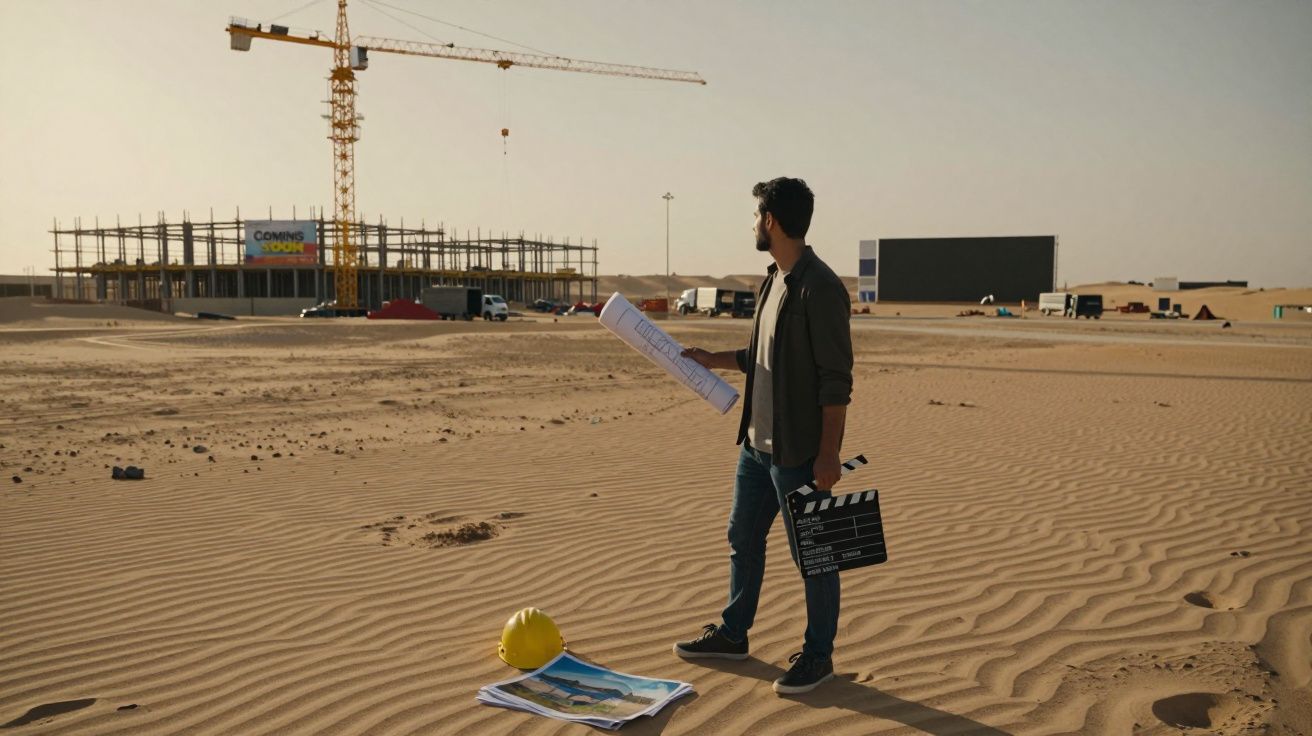 Homem com planta e claquete observa obra em construção num terreno arenoso ao pôr do sol.