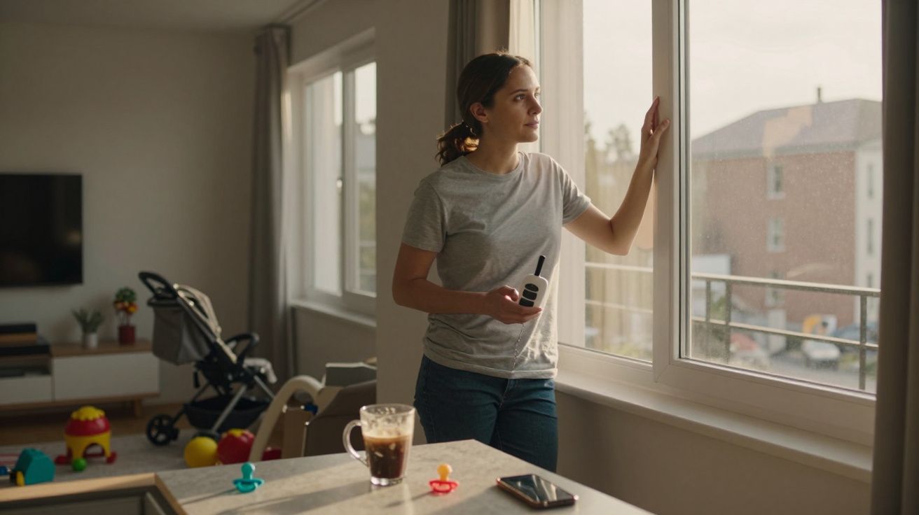 Mulher segurando babá eletrónica, olhando pela janela numa sala com brinquedos de bebé no chão.