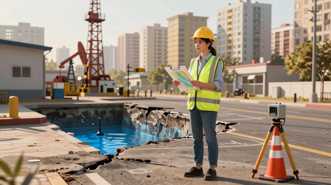 Engenheira com capacete e colete refletor observa buraco grande numa estrada urbana com laboratório de topografia ao lado.