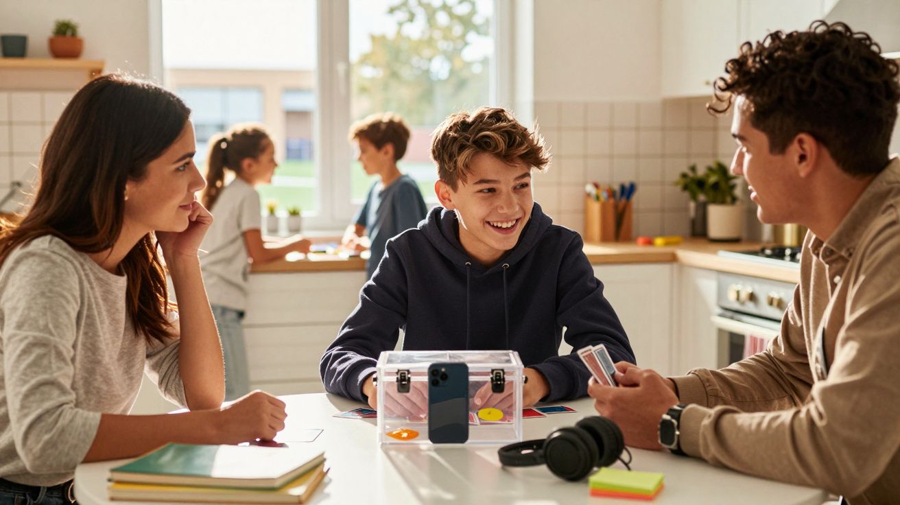 Três jovens sentados à mesa a jogar cartas numa cozinha iluminada, com duas crianças ao fundo junto à janela.