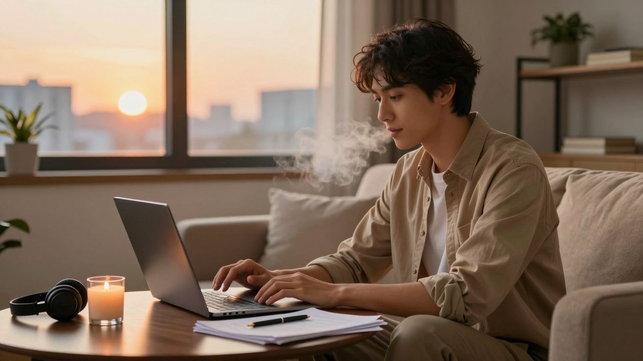 Jovem sentado no sofá a trabalhar num portátil com vela acesa e auriculares na mesa ao entardecer.