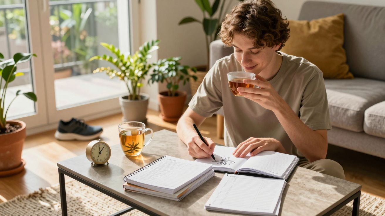 Jovem a desenhar numa mesa com plantas, relógio e chá, sentado numa sala acolhedora iluminada pela luz natural.