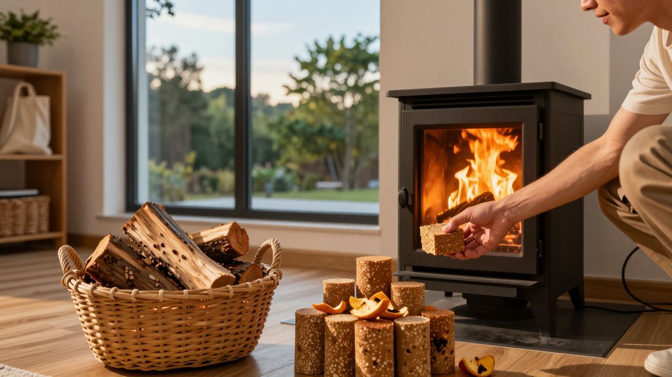 Pessoa a colocar combustível sólido numa salamandra com lenha guardada numa cesta junto ao fogão a lenha aceso.