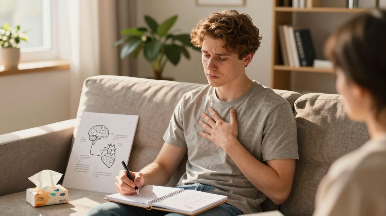 Jovem sentado no sofá com dor no peito enquanto escreve num caderno e outra pessoa observa.