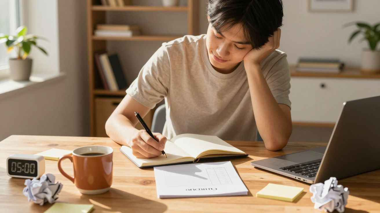 Pessoa jovem a estudar e escrever num caderno, com computador portátil, relógio e caneca numa mesa de madeira.
