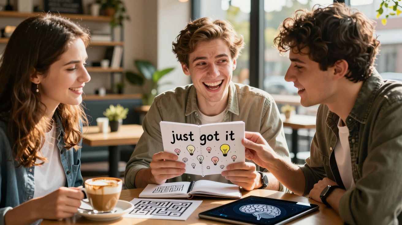 Três jovens a sorrir e discutir ideias com desenhos de lâmpadas e um cérebro numa mesa de café.
