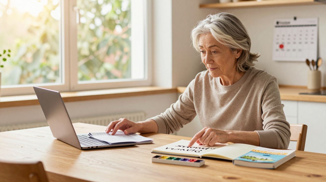 Mulher idosa a estudar com laptop e livros sentada à mesa numa sala iluminada.