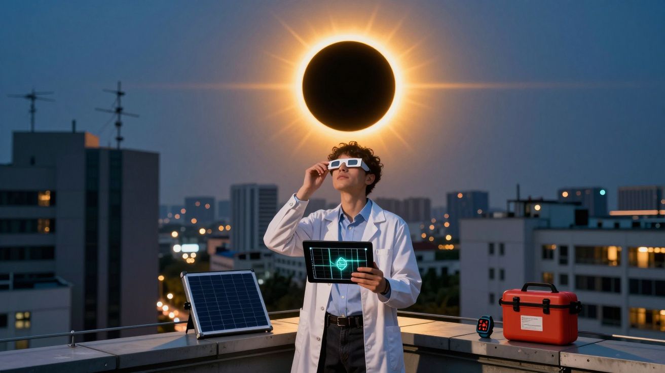 Cientista com óculos de eclipse observa o eclipse solar em cidade, com painéis solares e equipamentos no terraço.