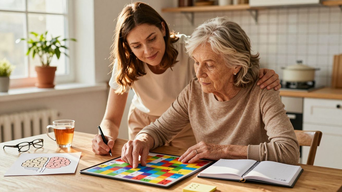 Mulher mais jovem ajuda idosa a jogar um jogo de tabuleiro colorido numa mesa de cozinha.