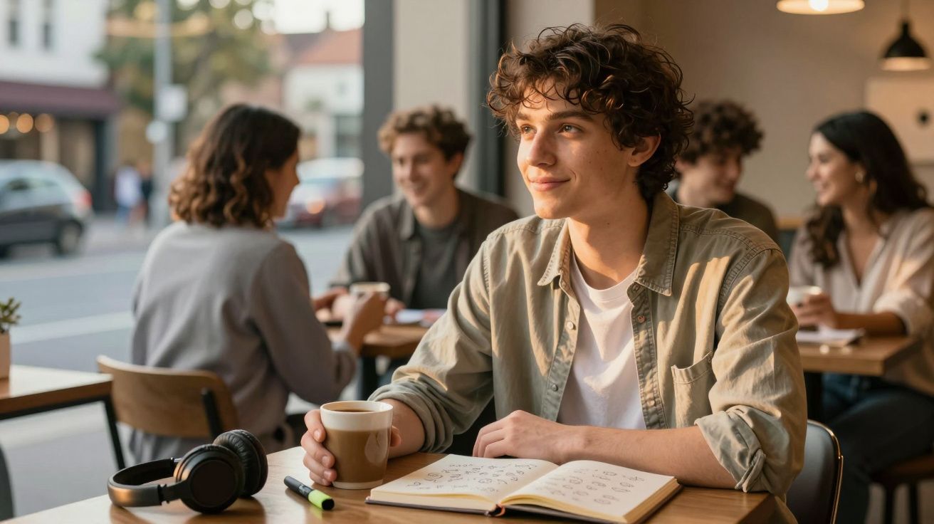 Jovem sentado num café, a segurar uma chávena com livro aberto e auscultadores perto.