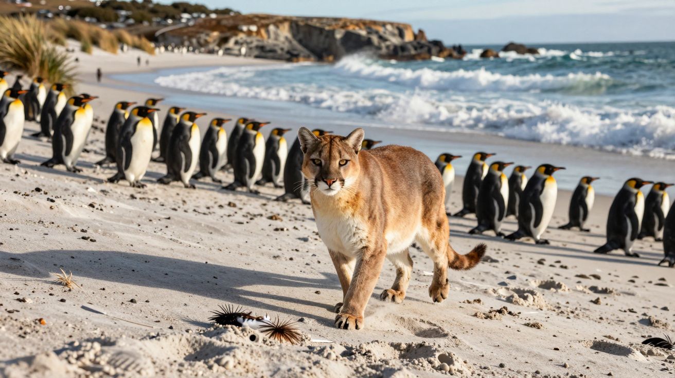 Puma a caminhar numa praia com um grupo de pinguins em fila junto ao mar e falésias ao fundo.