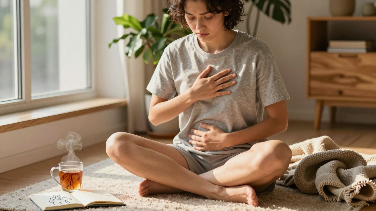 Pessoa sentada no chão com roupa confortável, segurando o peito e a barriga, aparentando desconforto.