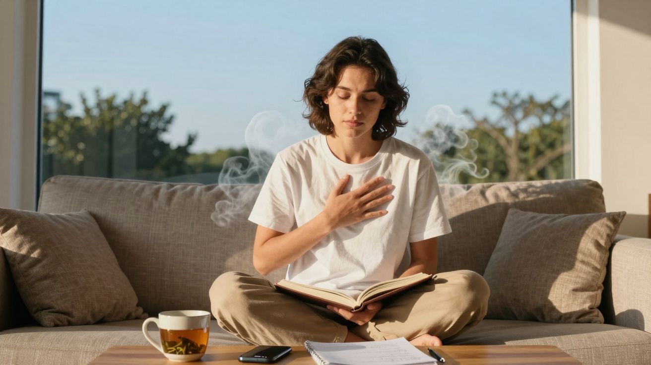 Pessoa sentada no sofá, lendo um livro com chá e bloco de notas numa mesa à frente, cenário iluminado.