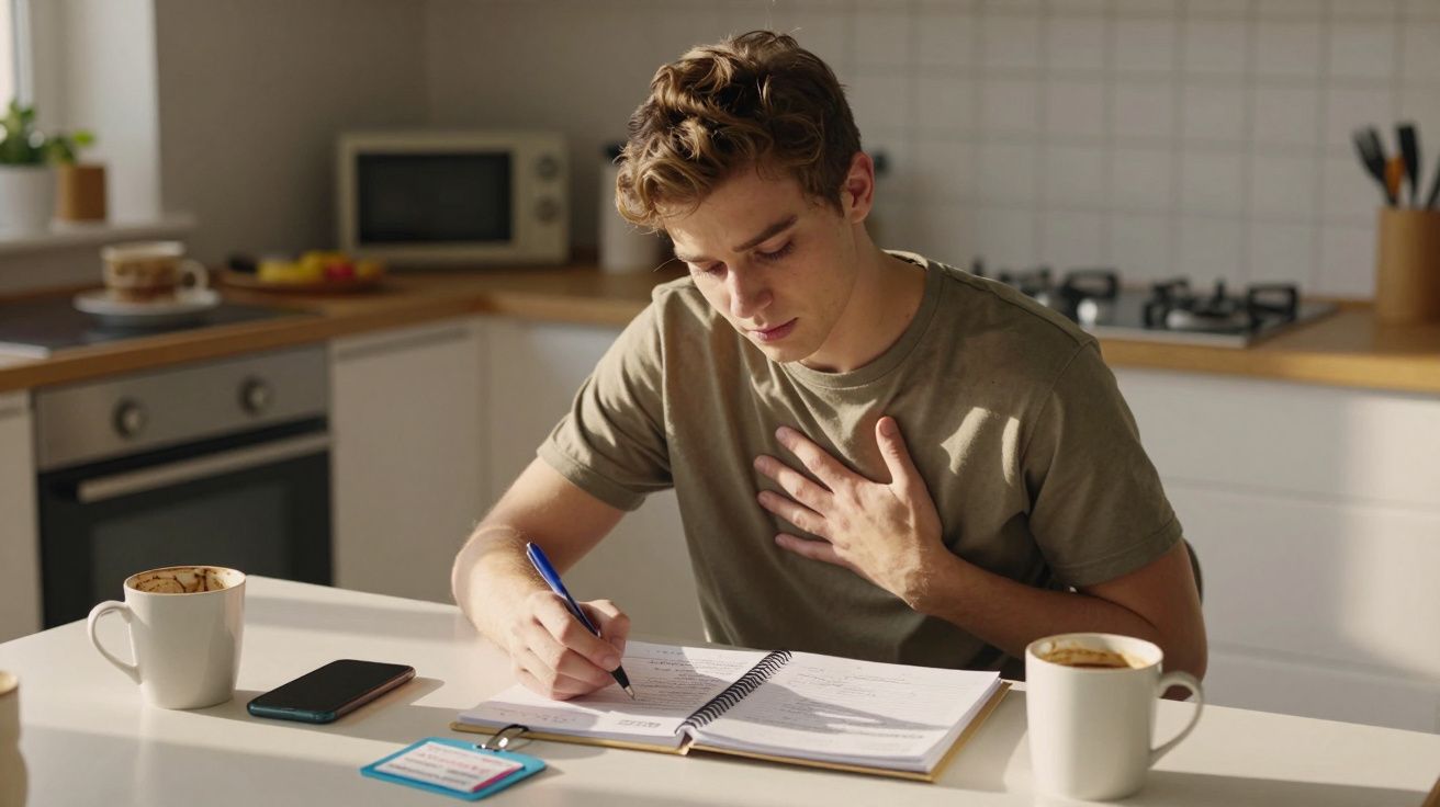 Jovem concentrado a escrever num caderno numa cozinha moderna, com duas chávenas de café na mesa.