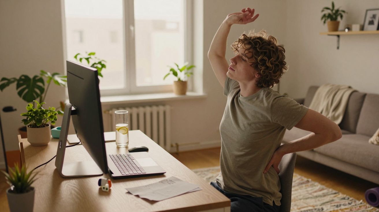 Pessoa jovem a alongar-se e a sentir dor nas costas enquanto trabalha num escritório em casa.