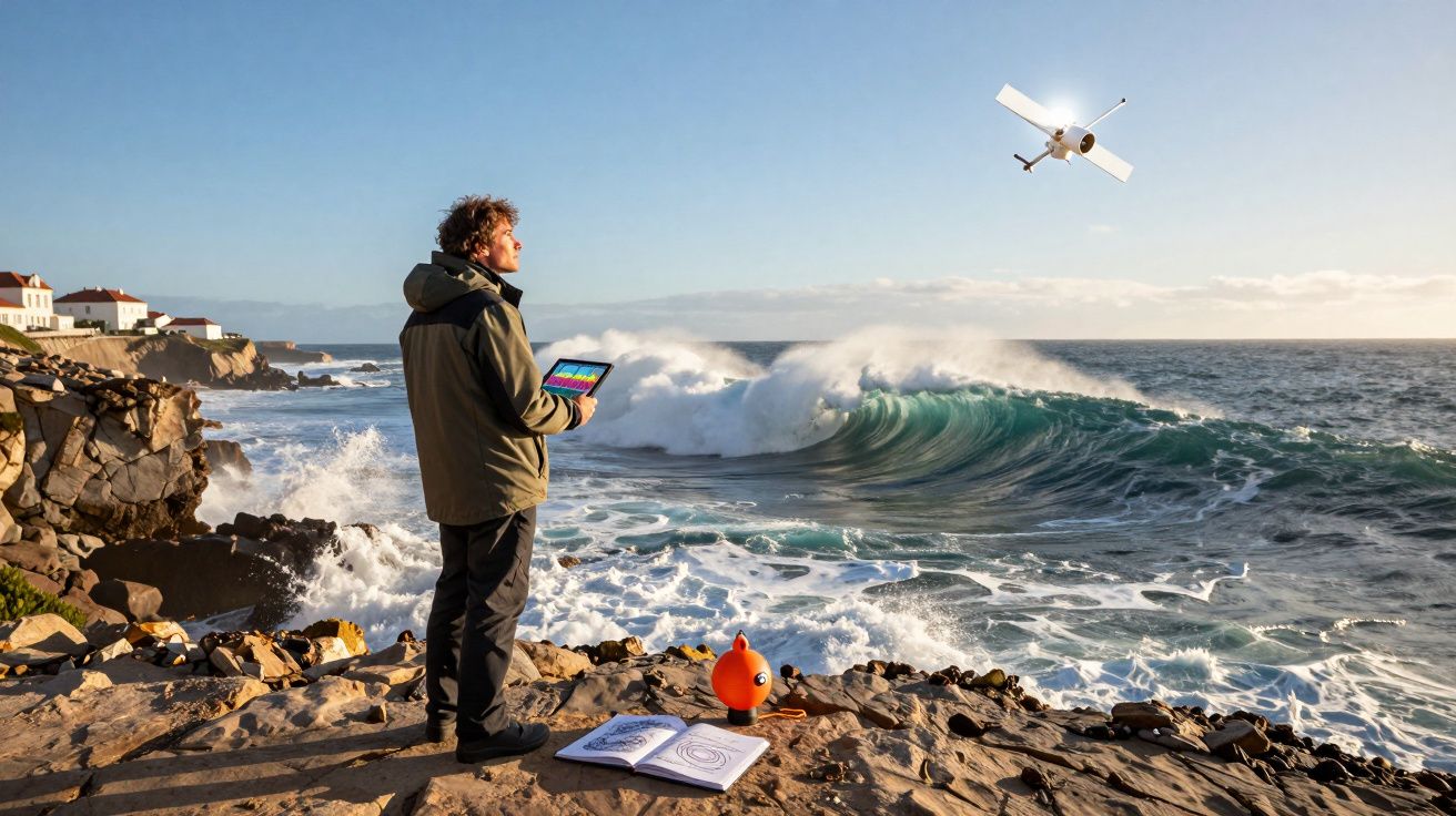 Homem controla drone com tablet junto ao mar agitado numa zona rochosa, sob céu limpo ao pôr do sol.
