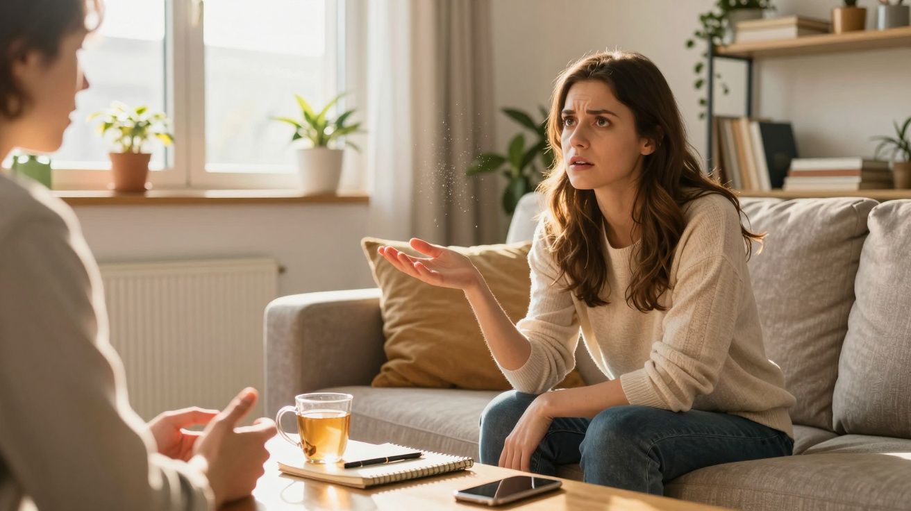Mulher sentada no sofá a conversar com outra pessoa, expressando preocupação num ambiente acolhedor.