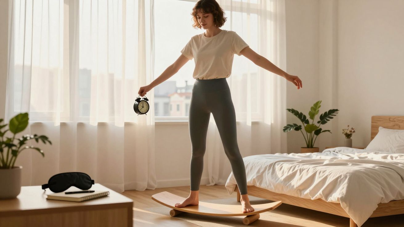 Mulher jovem em roupa desportiva faz equilíbrio em prancha de madeira numa quarto iluminado pela manhã.