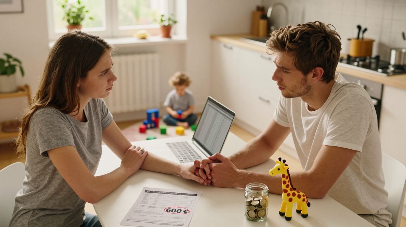 Casal preocupado na cozinha segurando as mãos com documento de dívida e criança ao fundo a brincar.